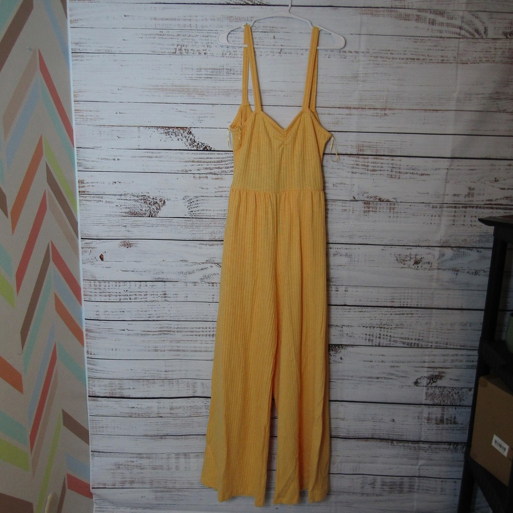 Roxy Jumpsuit Womens XL Yellow Skyline Views Wide Leg Strappy Tie Back Ribbed